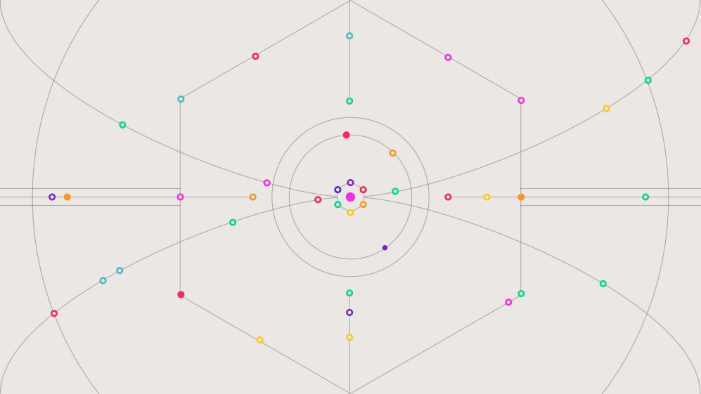 Web3 hexagon infrastructure outline with colorful dots surrounding the design