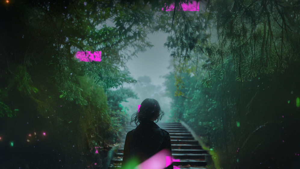 woman walking up stairs to a clearing in a forest