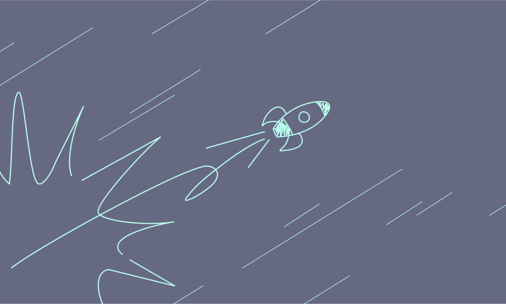 A hand drawn rocket ship flies through the sky