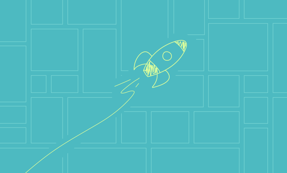 An illustrated rocketship shoots off into space