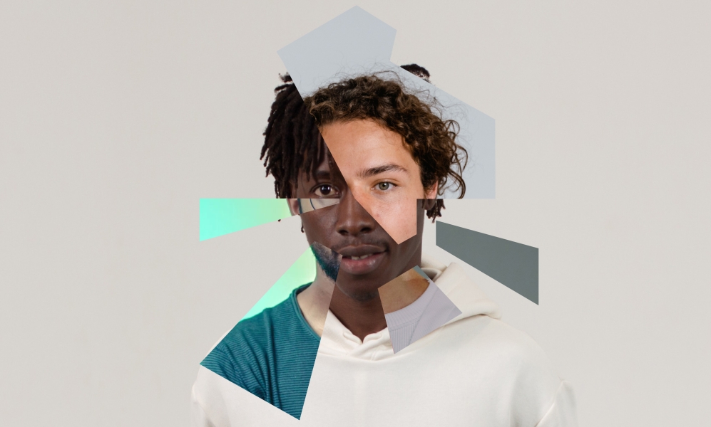 A person with a collage design showing many different people's faces