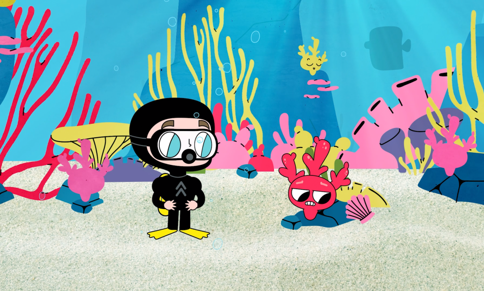 Illustration of the hero figure Zack Efron in an under water setting. Wearing a scuba outfit.