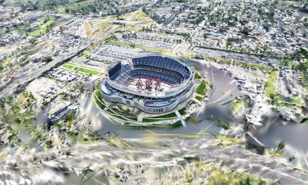 aerial view of a stadium with computer effects swirling around it