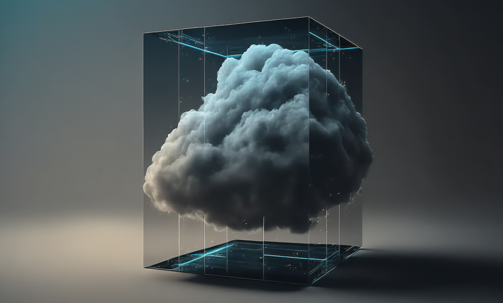 Abstract image of a storm cloud encased within a transparent box.