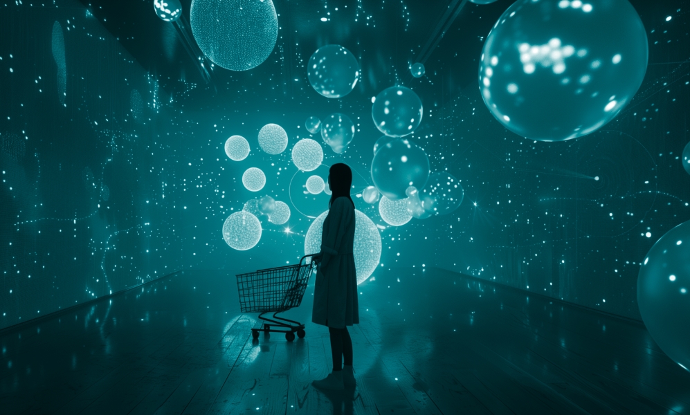 lady standing in a room with a shopping cart, surrounded by light projections and spheres