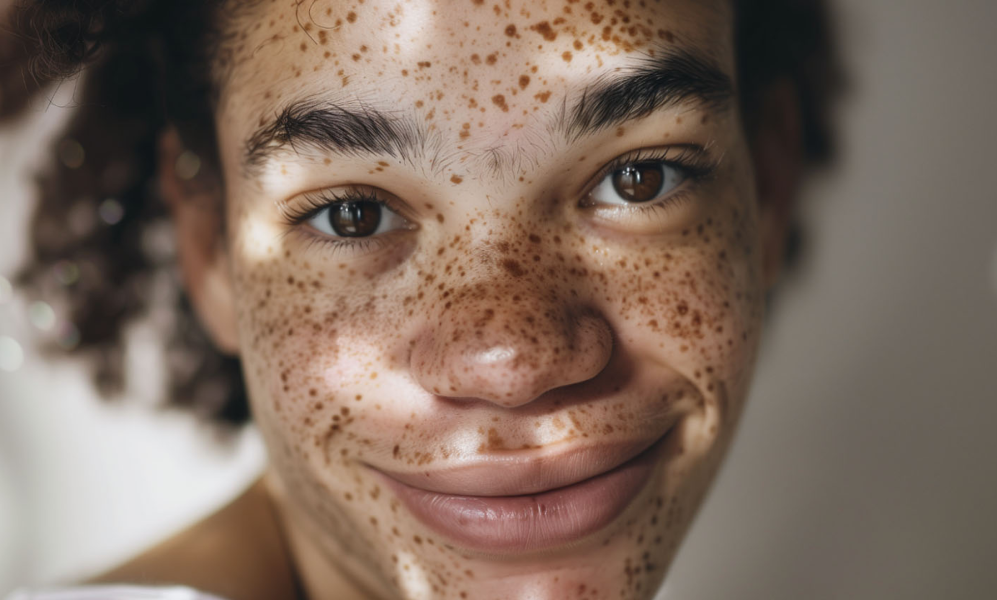 A woman smiling with freckles