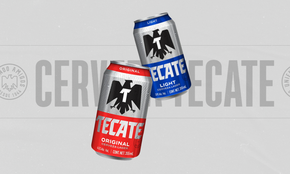 Tecate beer cans in red and blue