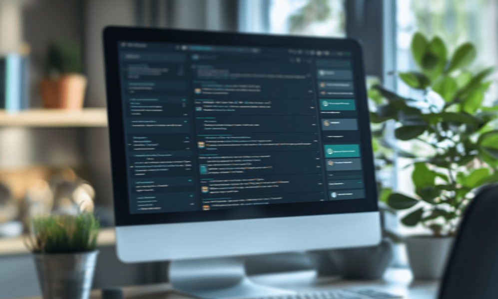 A modern computer monitor displaying a chat or messaging application with a dark theme. The screen shows several conversations and user interactions. In the background, there are blurred office elements, including a potted plant and some shelves, creating a cozy and organized workspace atmosphere.