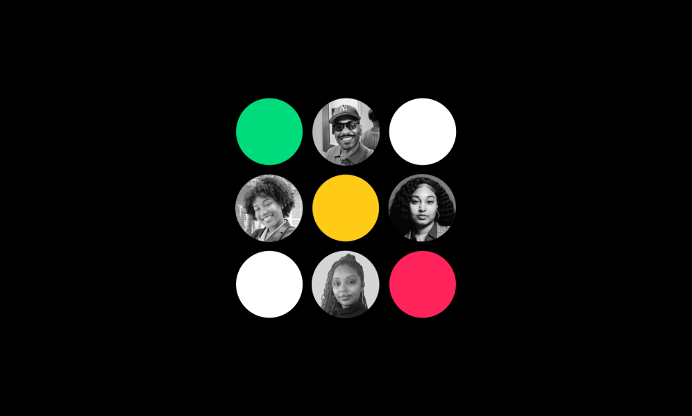 A design of nine circles, arranged in a 3 by 3 square. Four of them include headshots of the employees featured in the blog post.