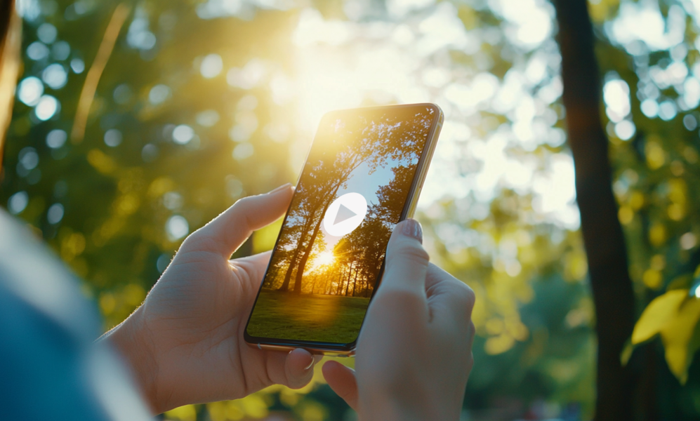 A person holding a smartphone outdoors in a forested area, with sunlight streaming through the trees. The phone screen displays an image of trees and sunlight, with a play button icon in the center, suggesting a video. The background is softly blurred, highlighting the natural setting.