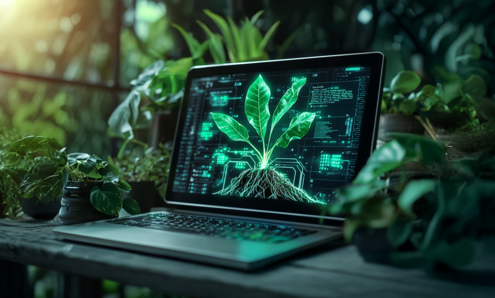 A laptop on a wooden table surrounded by potted plants, with its screen displaying a digital illustration of a green plant with visible roots and leaves, overlaid with data and code graphics. The setting is lush and green, suggesting a connection between technology and nature. Sunlight filters through the foliage in the background.