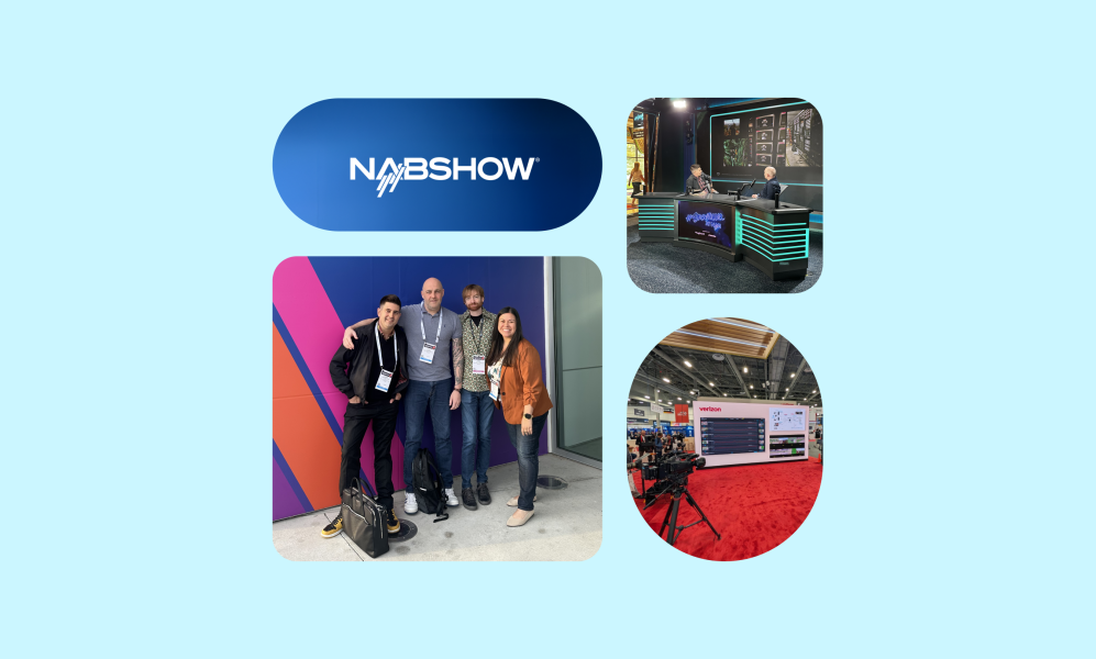 Collage of four images on a light blue background. Top left: "NABSHOW" logo on a blue gradient background. Top right: Two people sitting at a modern broadcast desk with screens behind them. Bottom left: Four people standing and posing for a photo in front of a colorful geometric wall. Bottom right: Photo of a camera setup at a trade show, focused on a large Verizon display booth with screens and a red carpet.