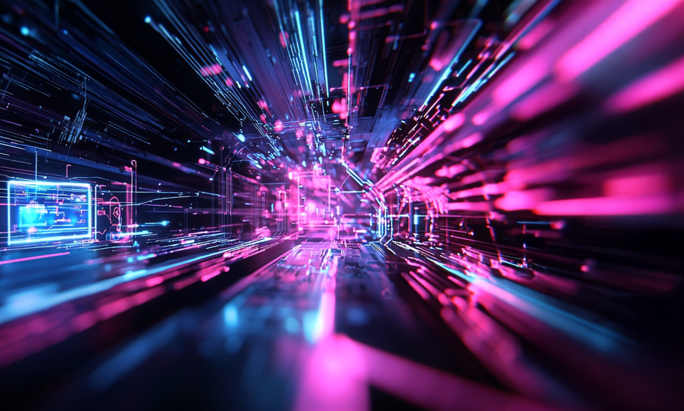 A digital rendering depicts a tunnel-like space filled with streaks of pink and blue light, suggesting high-speed data transfer or a futuristic environment. The lights are arranged in a way that creates a sense of depth and motion, as if one is traveling through a digital network. The overall effect is vibrant and dynamic, with the contrasting colors adding to the visual interest.