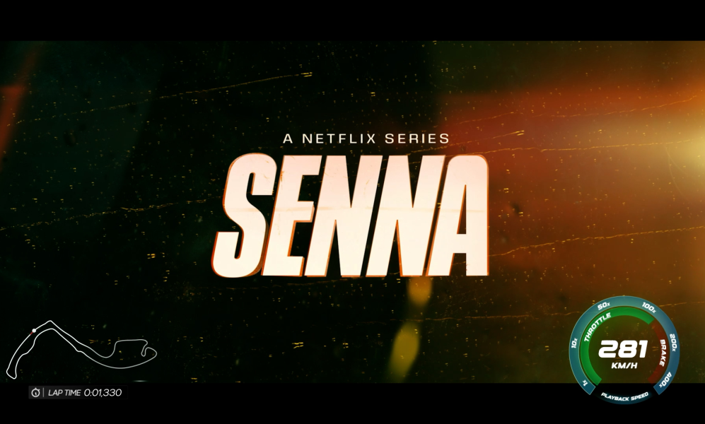 The image features the title "SENNA," presented as a Netflix series, with speed metrics and a racetrack outline, suggesting a focus on high-speed racing.