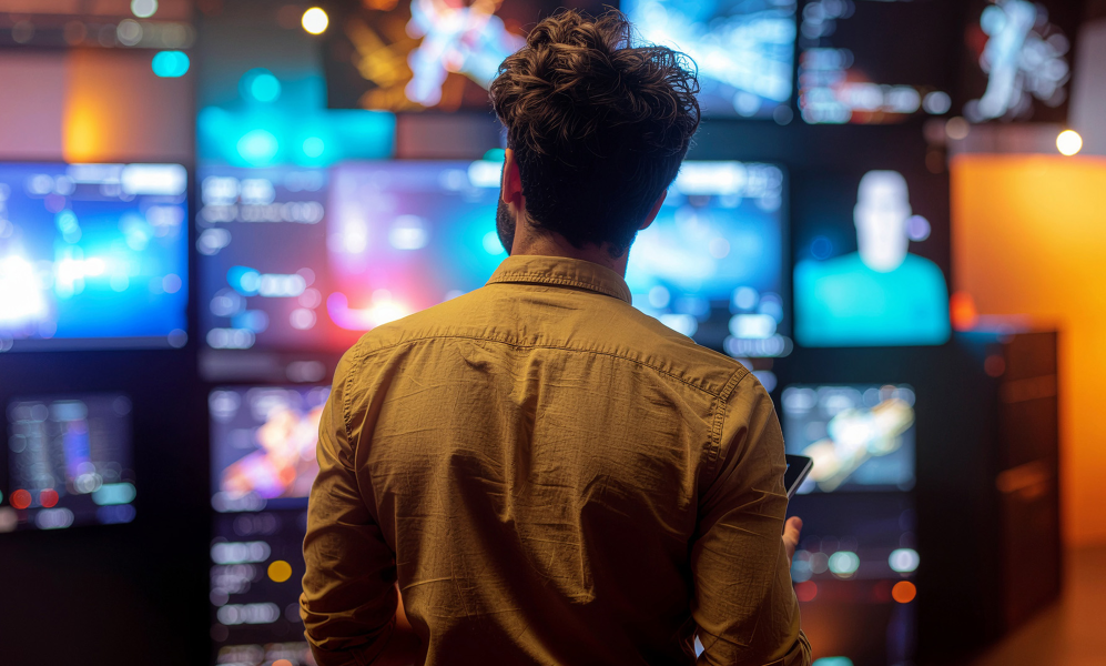 A man with dark, wavy hair stands with his back to the camera, wearing a mustard-yellow button-down shirt. He is looking at a large video wall composed of multiple screens, each glowing with bright, colorful, and abstract digital displays in a dimly lit room.