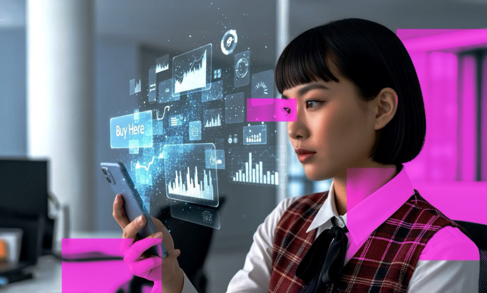 Asian lady looking at a phone while holograms emerge out from the phone