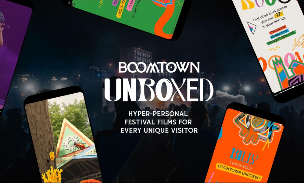 A hero image for the Boomtown Unboxed case study, visually showcasing the AI-powered platform that delivered hyper-personalized festival recap films to every unique visitor.