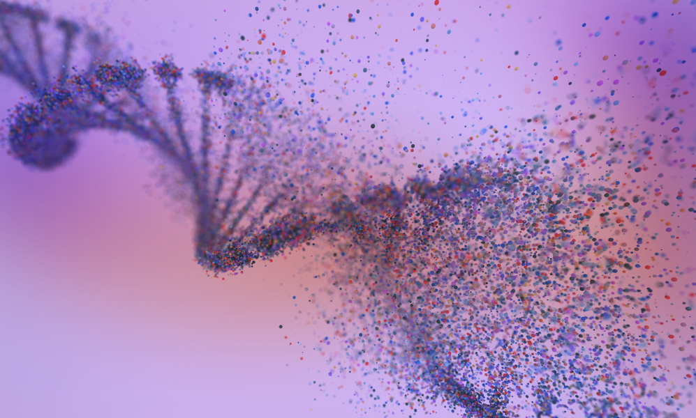 A vibrant, abstract depiction of a DNA strand, composed of numerous small, colorful particles. The double helix structure is visible on the left, rendered in shades of purple and blue. As it extends to the right, the DNA strand appears to dissolve into a scattered burst of individual particles, creating a dynamic, exploding effect. These particles are a mix of red, blue, green, and yellow, set against a soft, gradient background that transitions from a light purple on the left to a warm pinkish-orange.