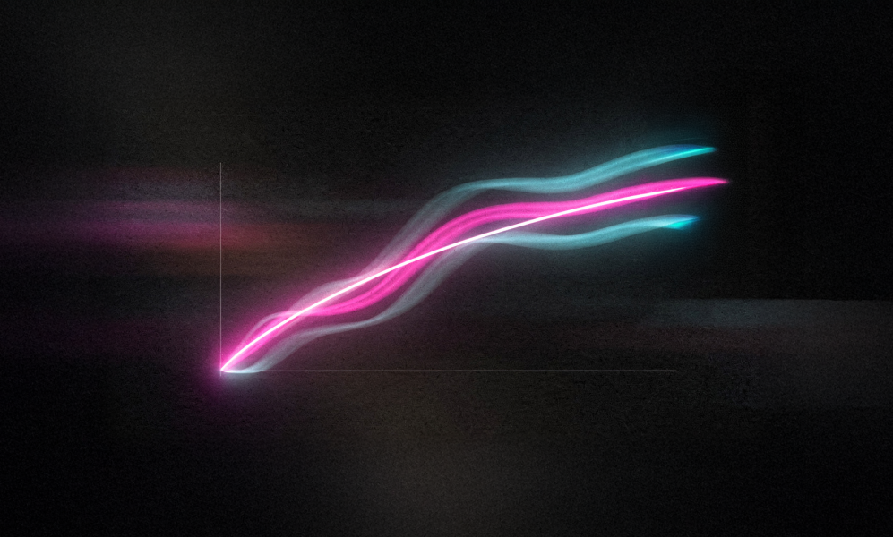 Abstract digital illustration of an upward-sloping line graph with a glowing pink and white core and wispy light-blue trails against a dark, textured background.