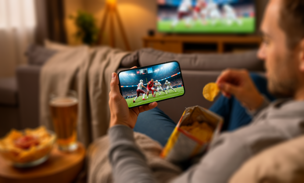 A person on a couch holds a smartphone displaying a football game, reaching into a chip bag, with another football game on a TV and snacks in the background.