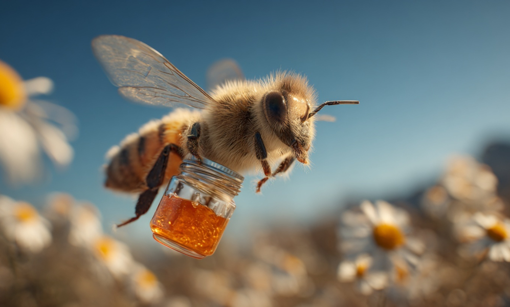 A honey bee flying among the flowers holding a tiny jar of honey.