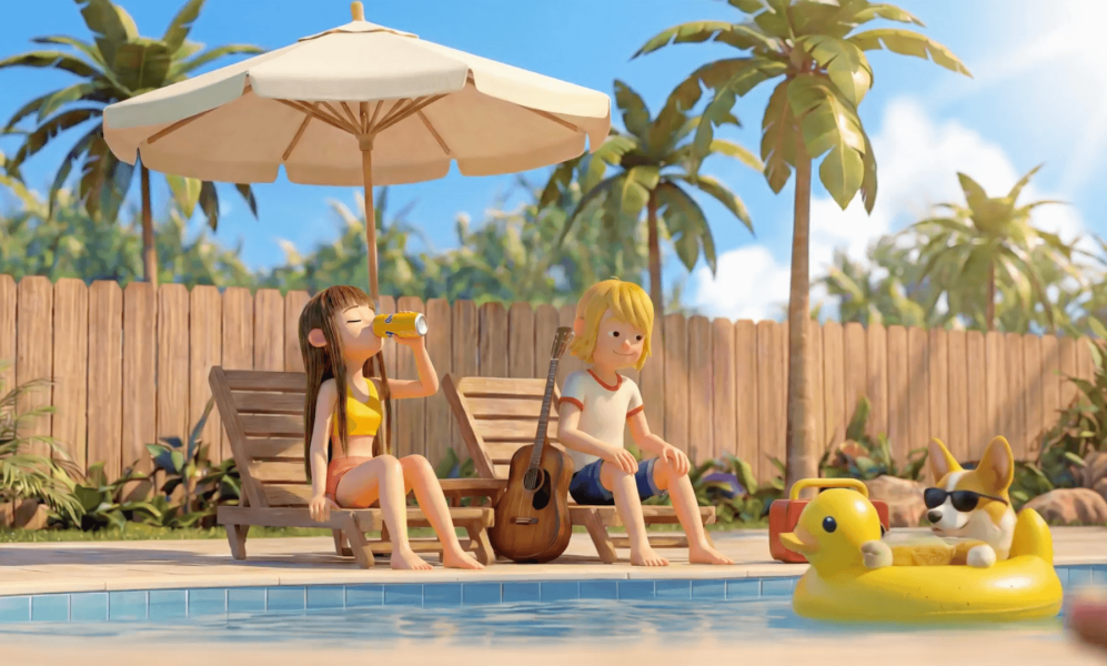 A sunny 3D animated pool scene featuring a brunette girl drinking a can of Chocomel on a lounge chair, a blonde boy sitting beside her with a guitar, and a corgi in sunglasses floating in a duck inner tube nearby.