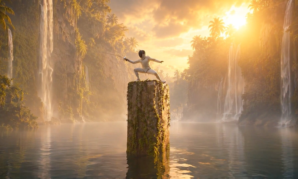 AI generated image of a fencer atop a pillar in the middle of a lake in a jungle