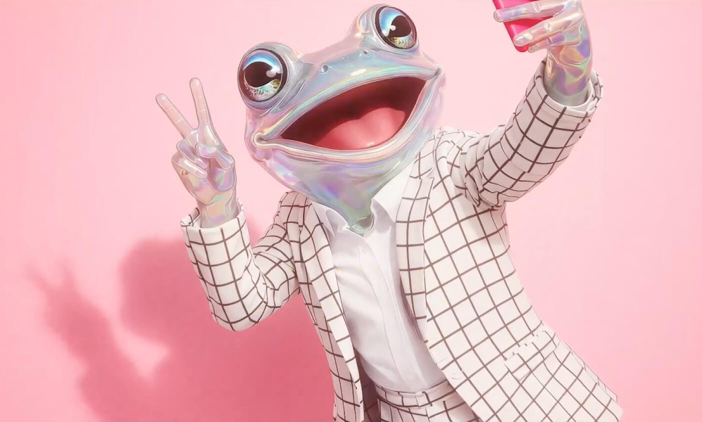 an AI generated frog person wearing a suit and taking a selfie with a phone