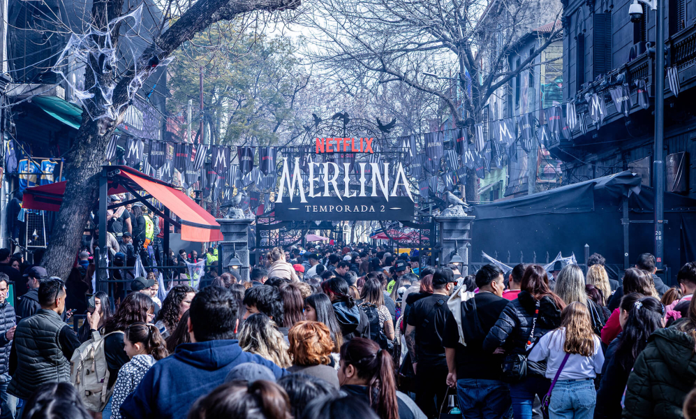 Caminito in Argentina, with streets full of people during the Darkminito experience for the launch of Netflix's Wednesday Season 2.