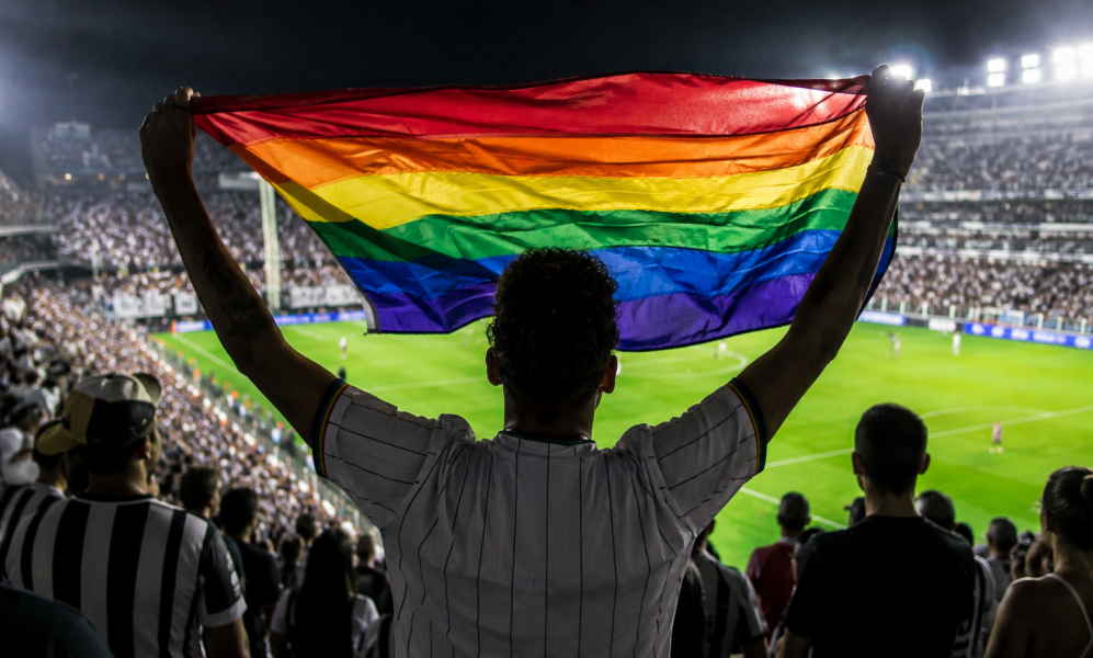 ai generated person with pride flag at stadium