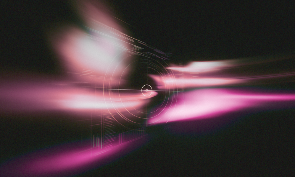 Abstract futuristic graphic with pink and white light trails radiating from a central target