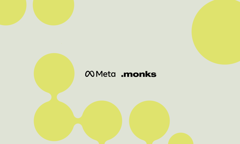 Meta and Monks partnership logo displayed over abstract interconnected green circular nodes, representing compound assurance and marketing data loops.