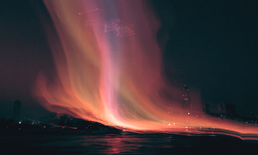 Abstract data visualization showing a colorful stream of programmatic media data flowing into a city skyline at night, representing digital marketing maturity and business transformation.
