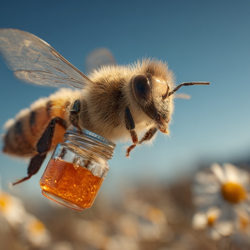 A honey bee flying among the flowers holding a tiny jar of honey.