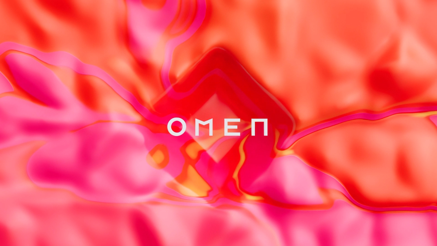 Hp omen logo in a colorful pool of liquid