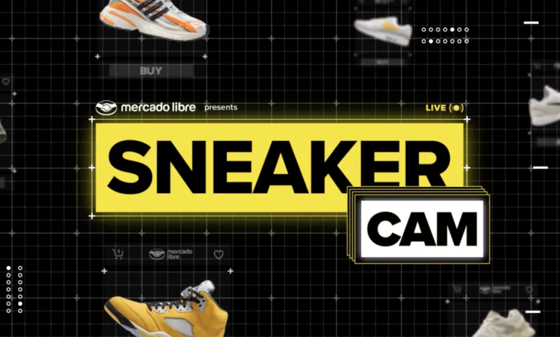 Sneaker Cam logo: a yellow "Sneaker Cam" title over a black grid background with floating sneakers, a "Mercado Libre presents" tag and a "Live" badge.