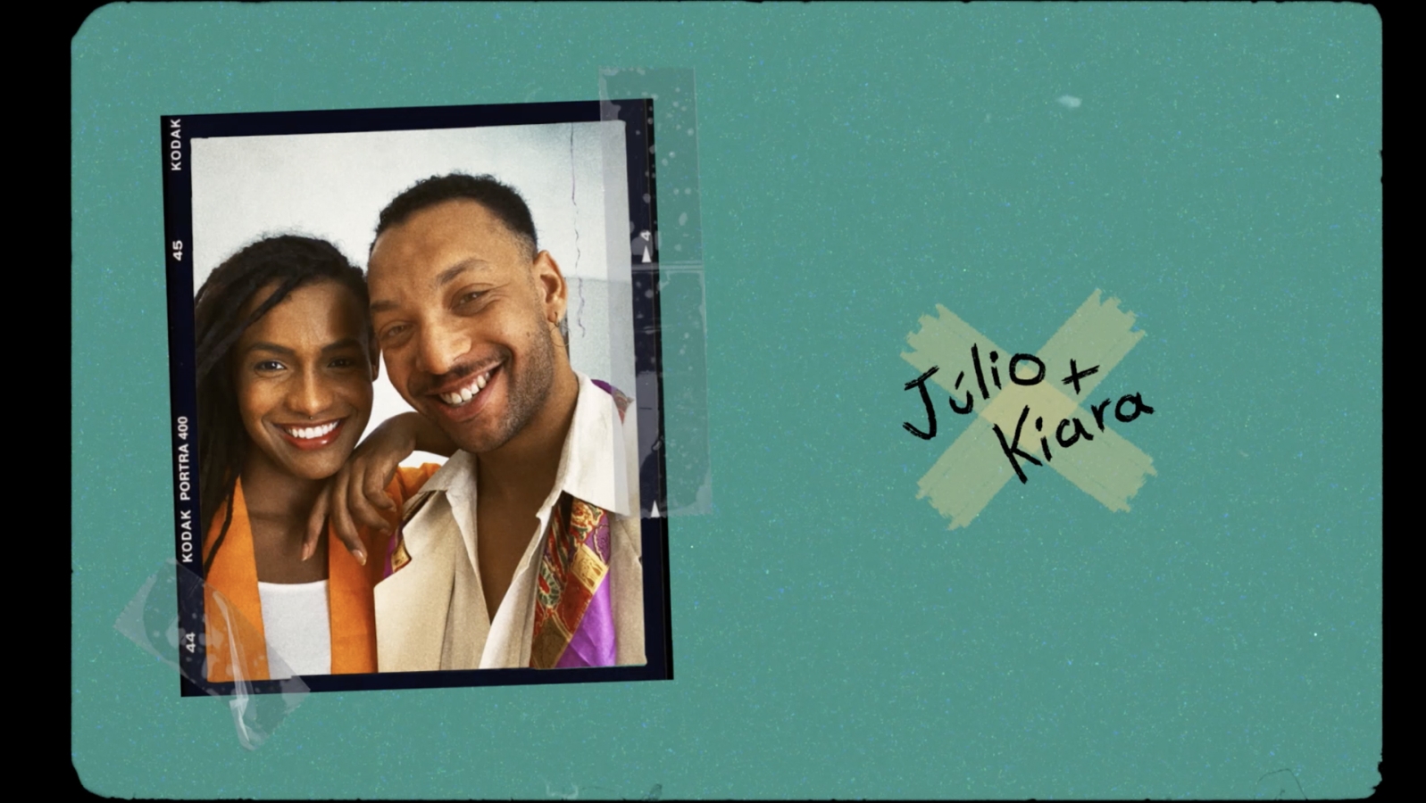 photo of a smiling couple with text Julio + Kiara