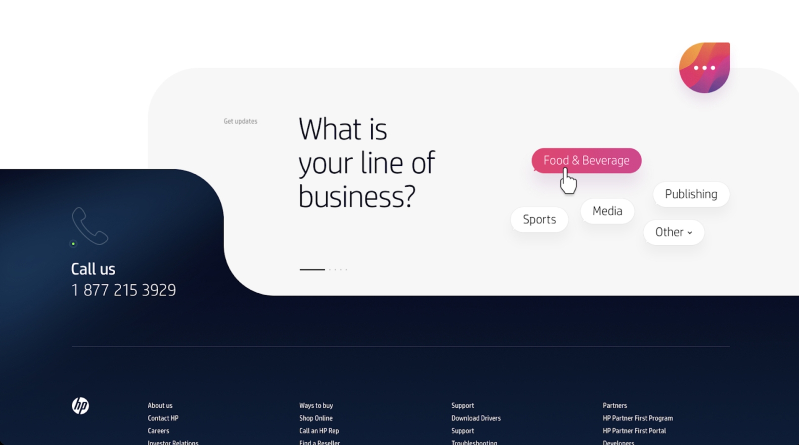 HP Possibility City website screenshot of "what is your line of business?"