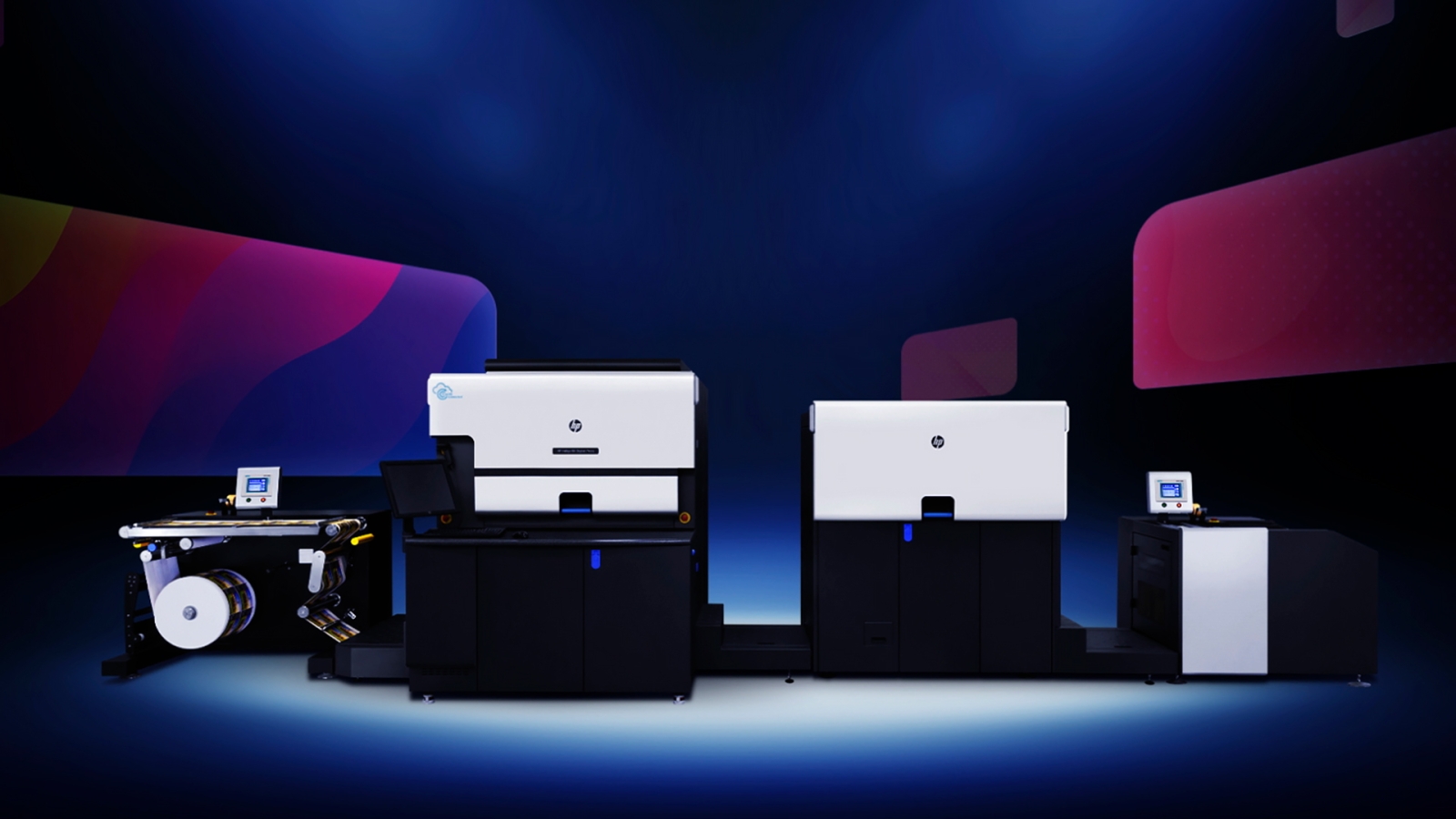 Large HP printers with a digital background of blue and purple