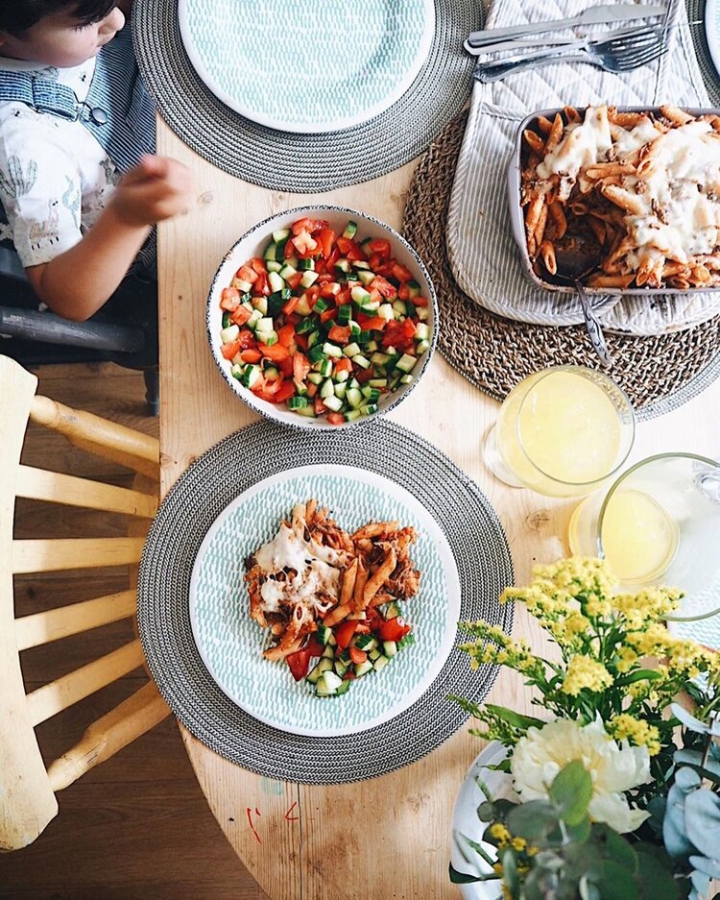 Overhead photo of meal at table