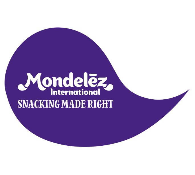Mondelez logo within a purple teardrop shape