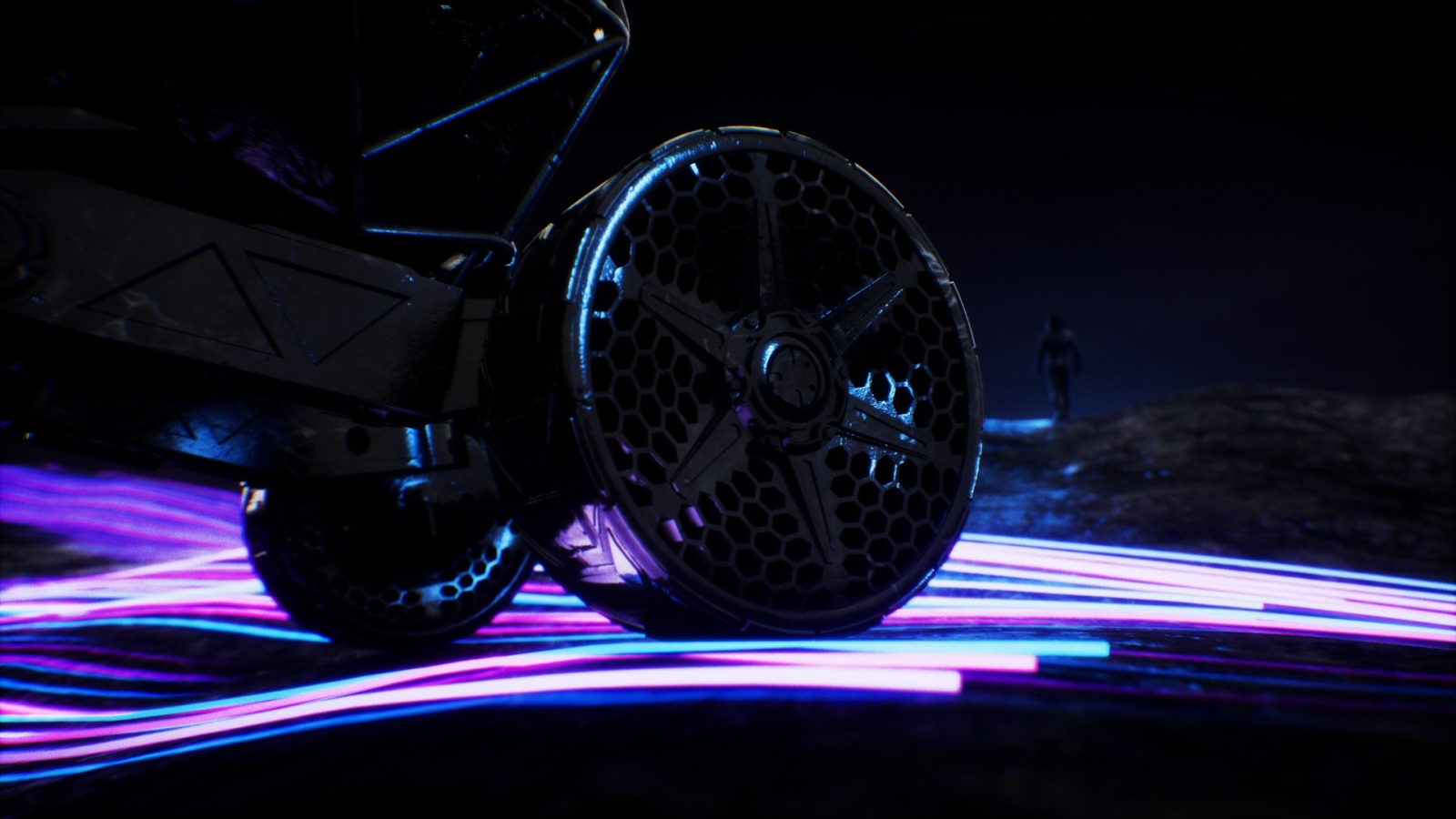 An animated space vehicle with light streams below it