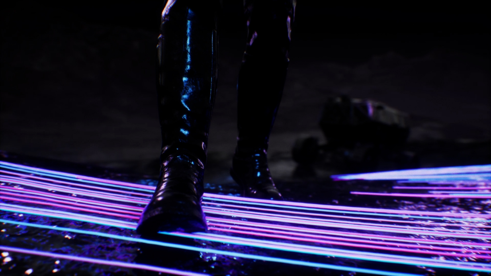 Feet walking across the threads of light