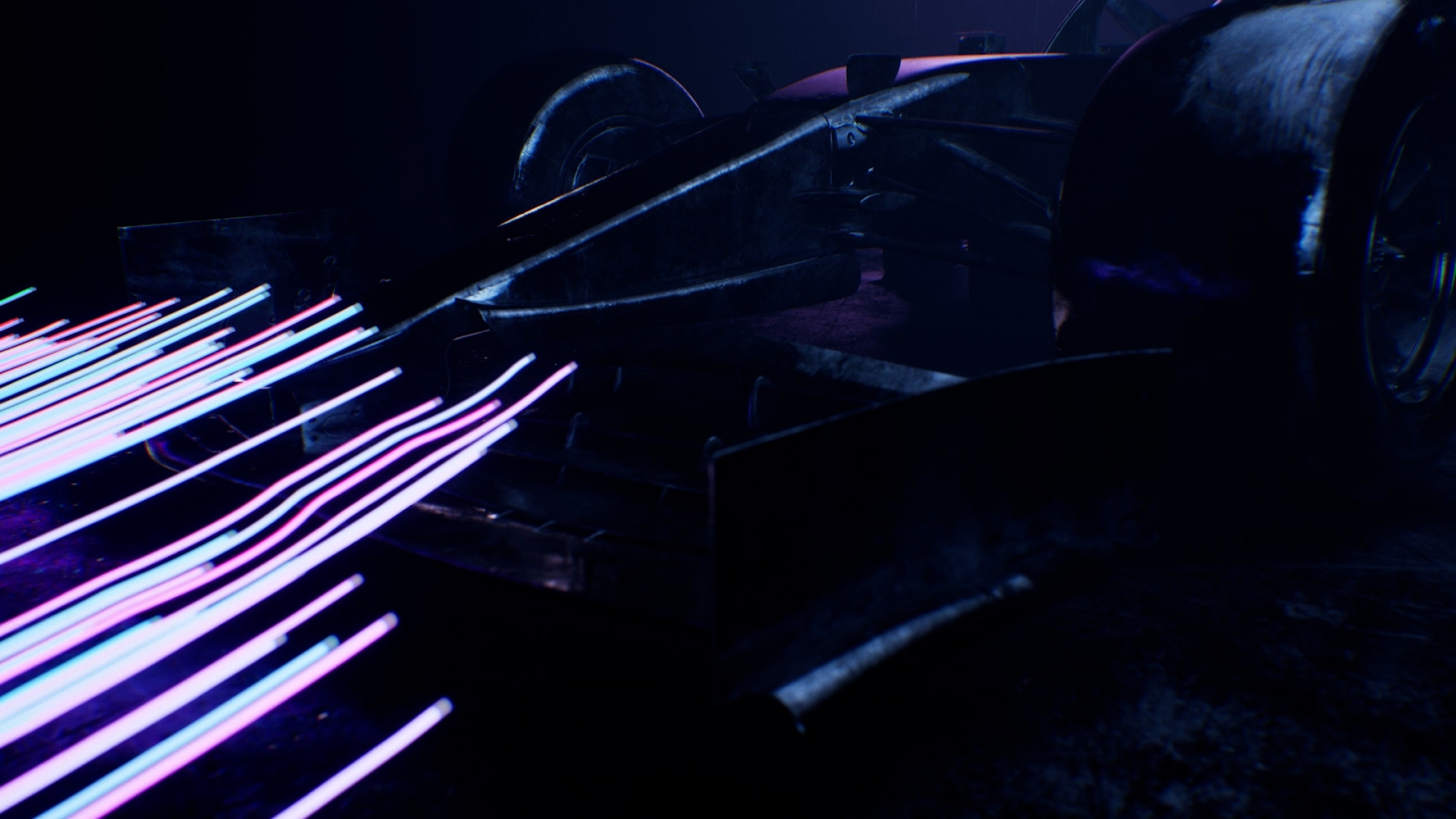 A race car leaves threads of light behind it