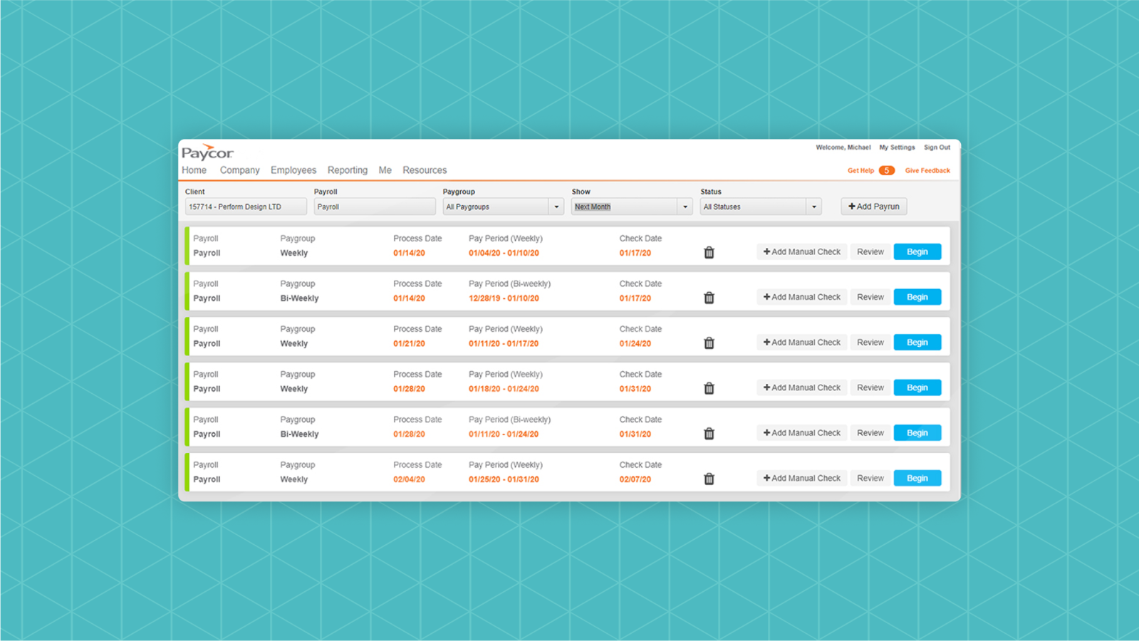 A paycor interface tracking data