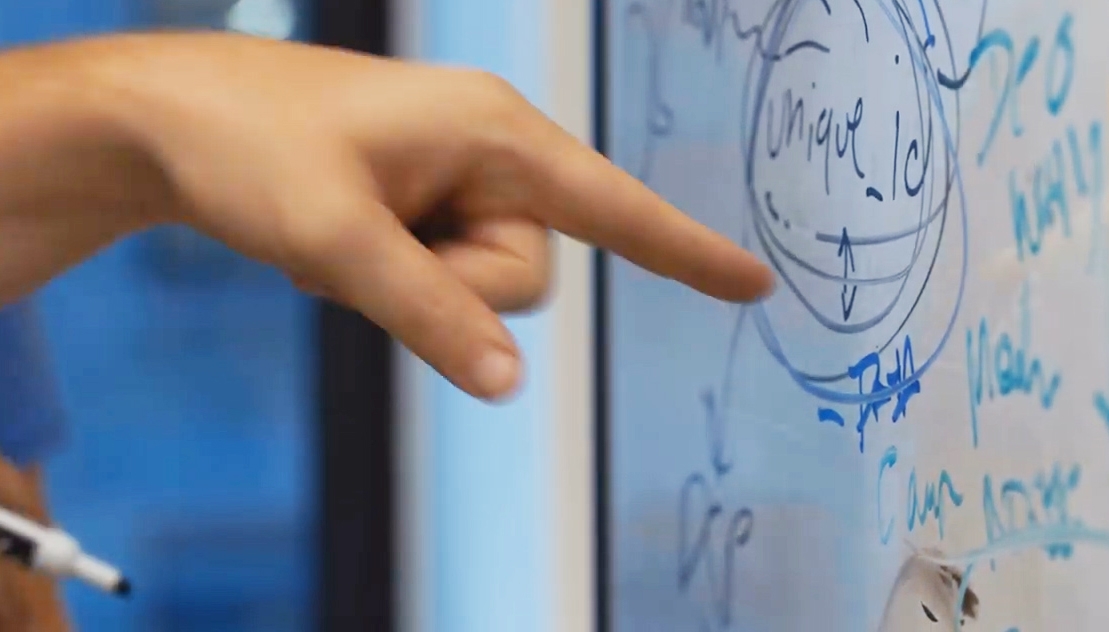 A hand pointing to a whiteboard with drawings all over it