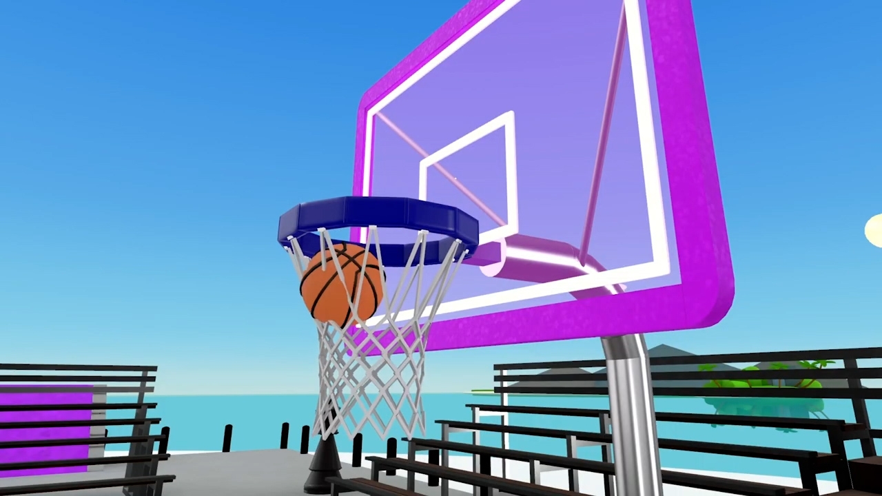 A ball going into a basketball hoop