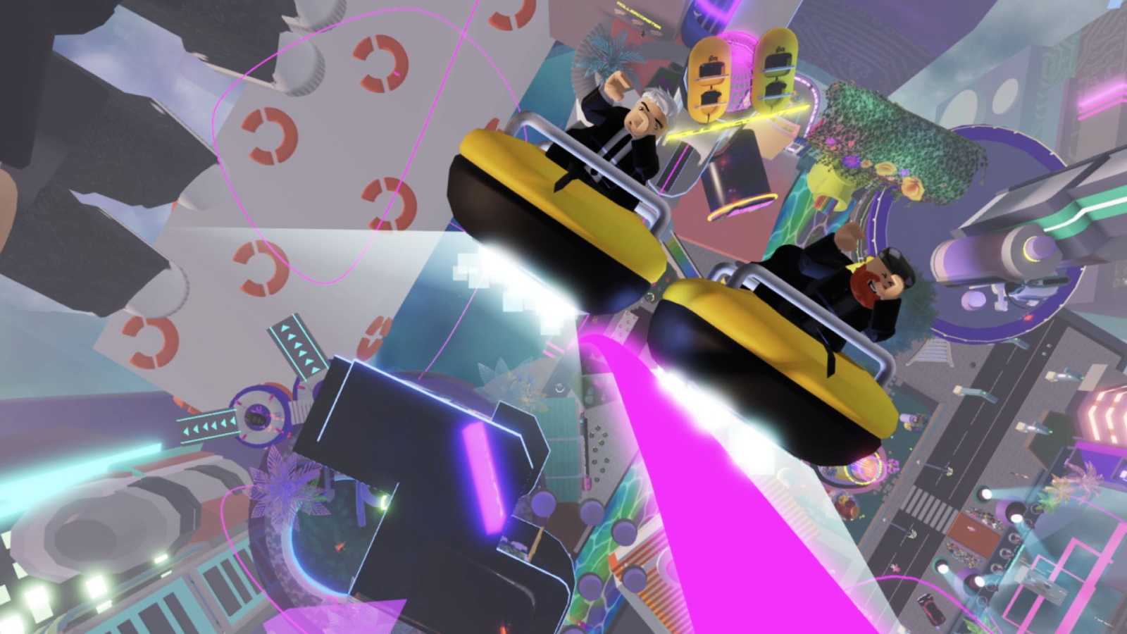 Two characters in Roblox ride a rollercoaster