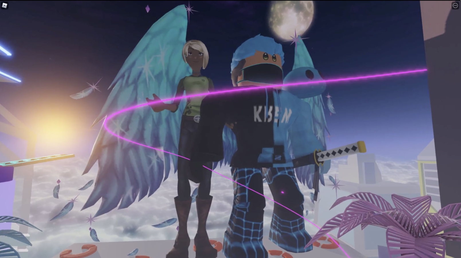 Two large avatars standing in the sky in the Roblox world