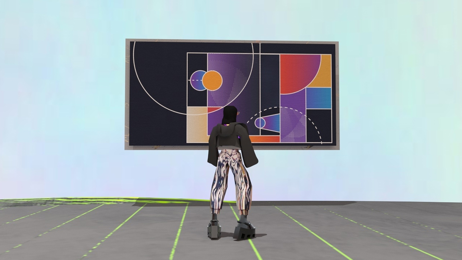 An avatar staring at a painting NFT 